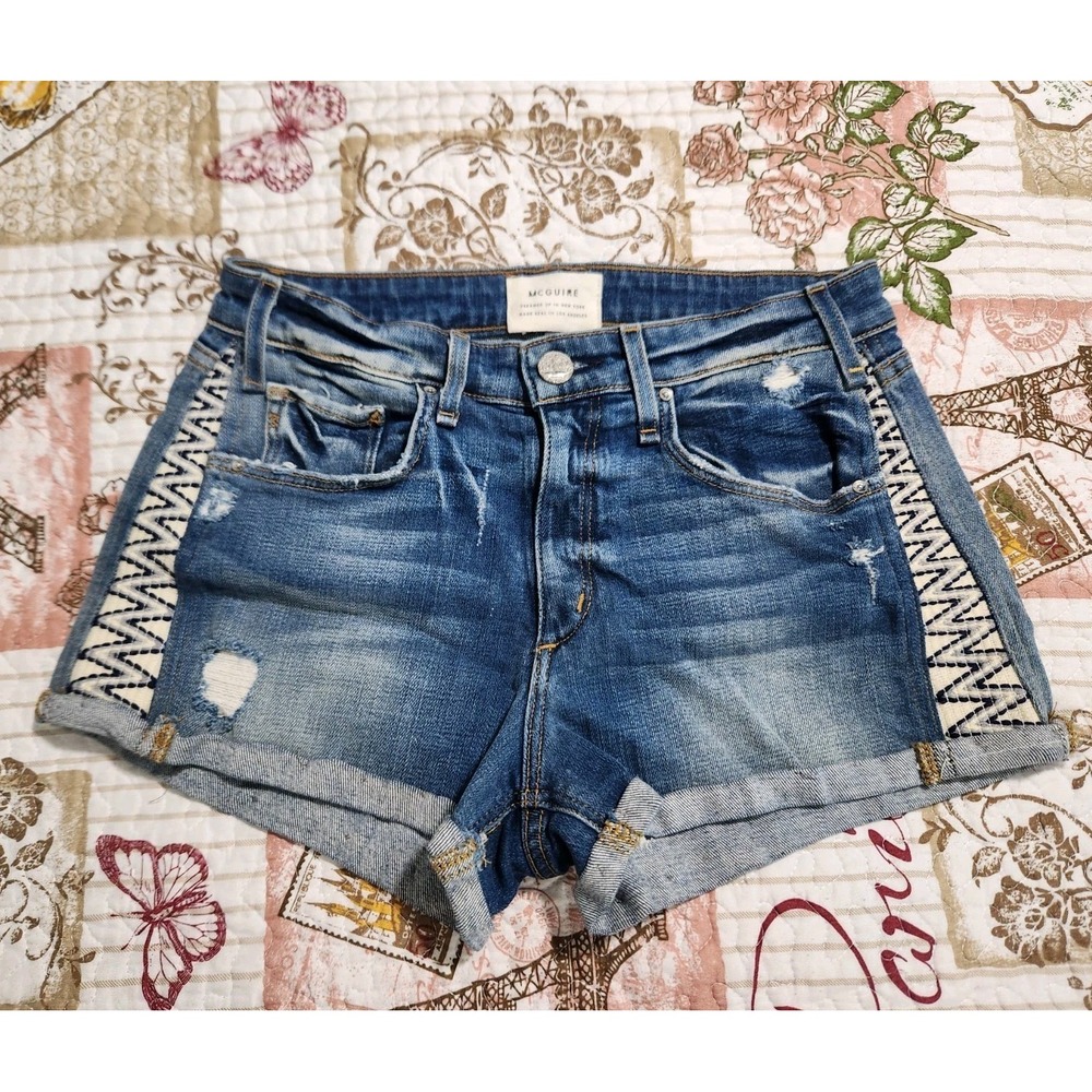 McGuire Women's Distressed Blue Jeans Shorts Embroidered Sided  Stretch Size 26‎
